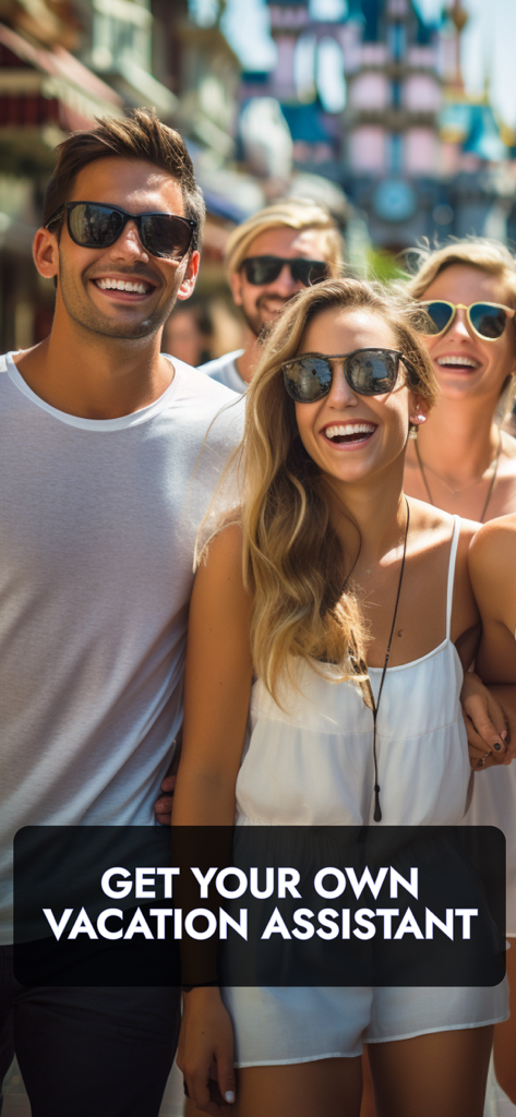 MouseWait for Disneyland - A group of happy young adults at Disneyland with a text overlay saying Get Your Own Vacation Assistant