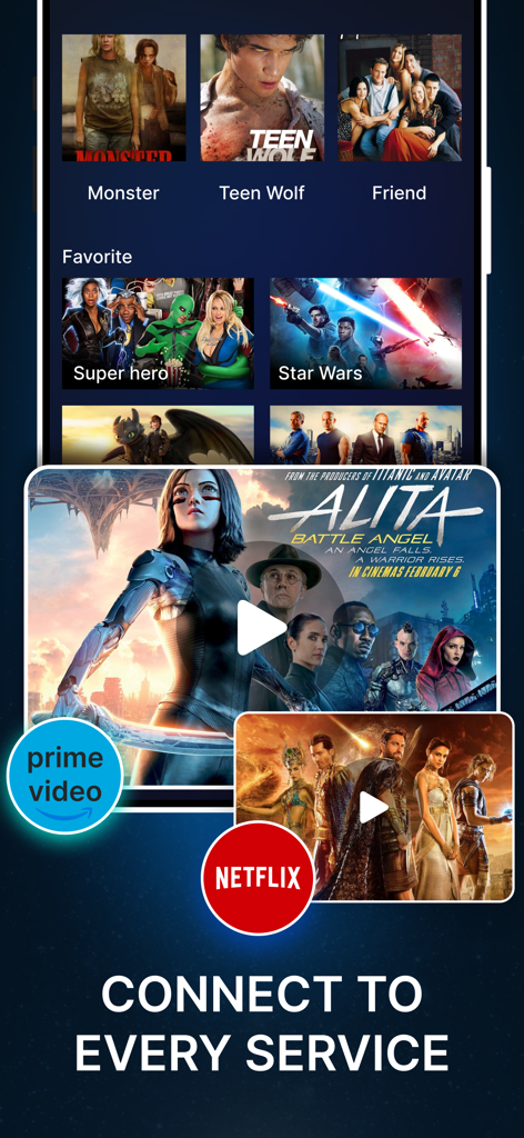 Free VPN - Fast Proxy Master - Free VPN interface showing access to global streaming services like Netflix and Prime Video
