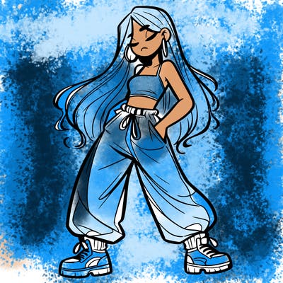 girl in baggy pants crop top and long hair