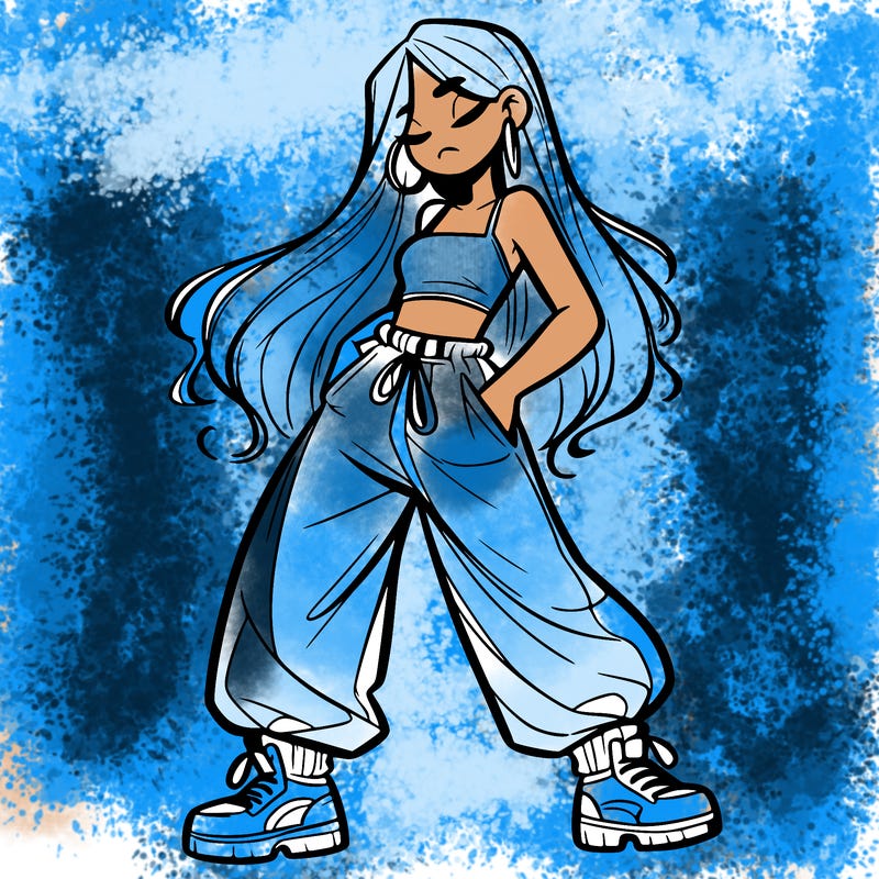 girl in baggy pants crop top and long hair