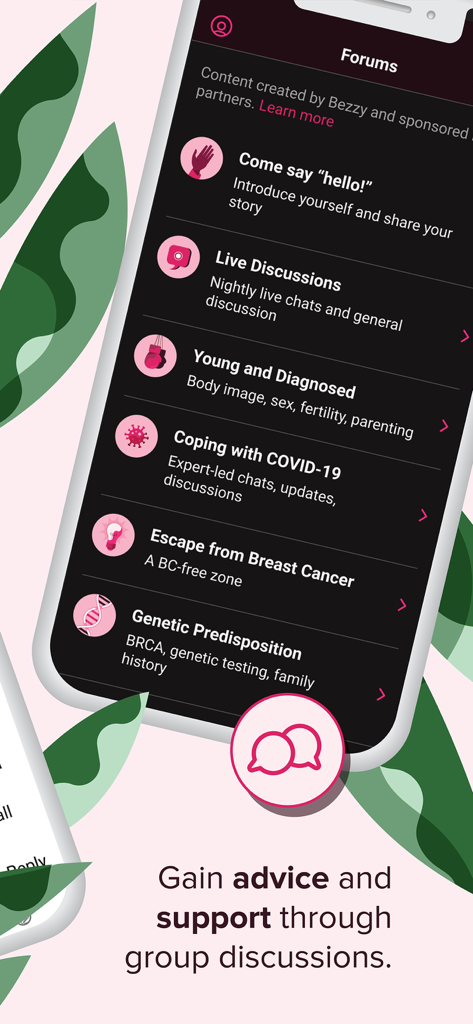 Bezzy Breast Cancer - La pantalla del foro de la aplicación Bezzy Cáncer de Mama que enumera varias categorías de apoyo para discusiones grupales