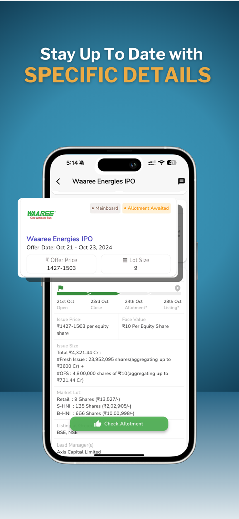 IPO Ji mobile app screen showing specific IPO details for Waaree Energies