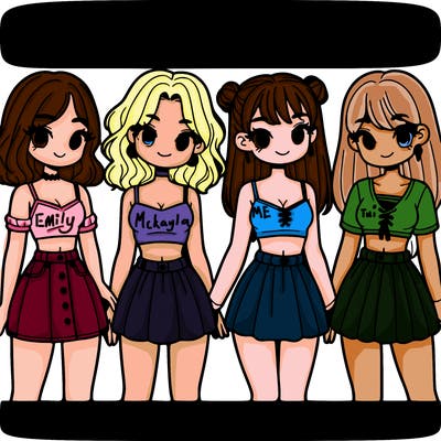 four girls with crop tops and skirts