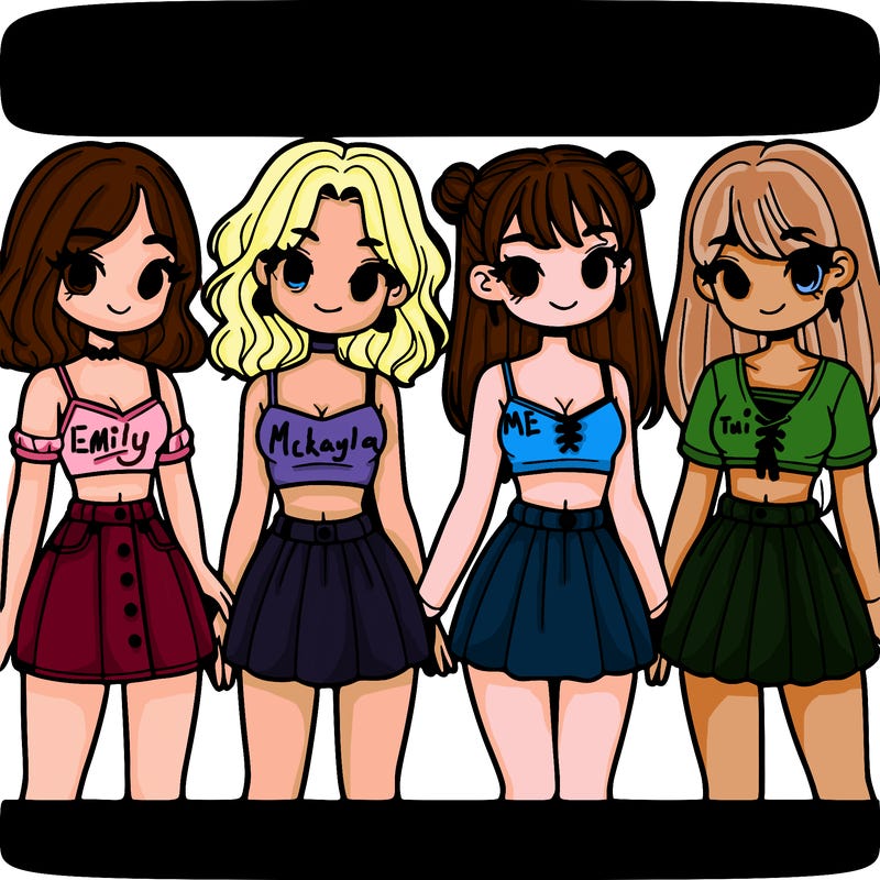 four girls with crop tops and skirts