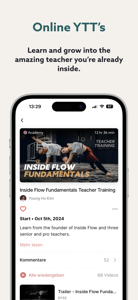 Online yoga teacher training course interface in the Inside Online app