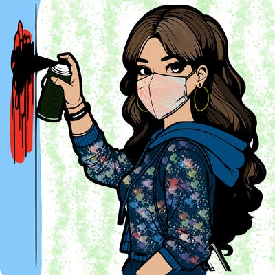 realistic girl with mask spray painting a wall