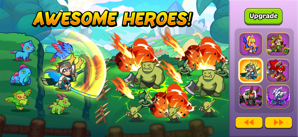 Kingdom Defender Idle RPG battle gameplay and hero upgrade menu