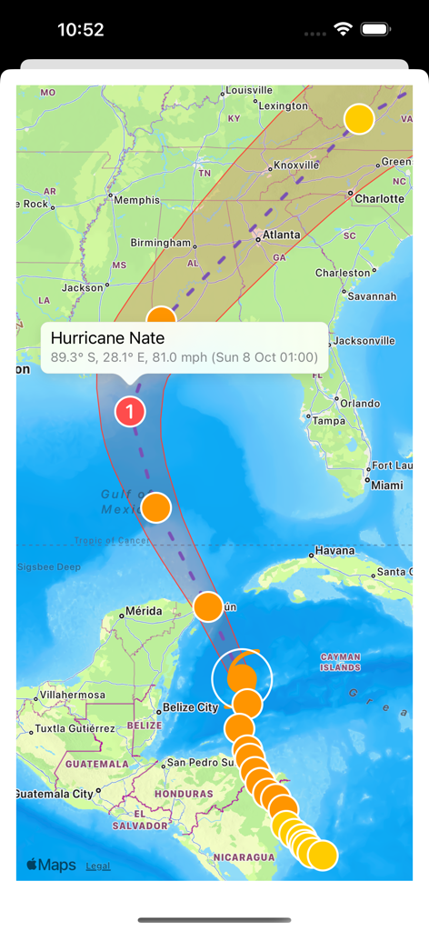 A hurricane tracking map in the Weather Gods app showing the projected path and intensity of Hurricane Nate across the Gulf of Mexico