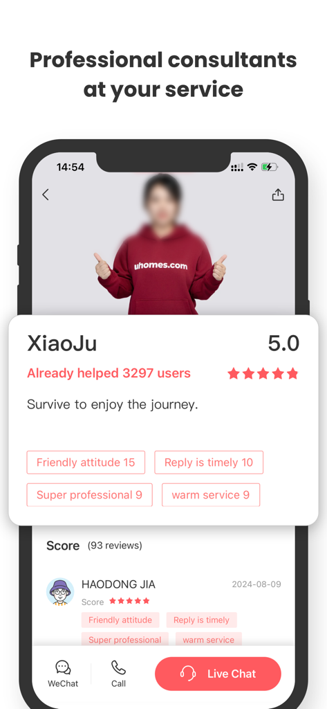 Le profil d'un conseiller en logement étudiant sur l'application uhomes avec des avis d'utilisateurs et des boutons de contact.