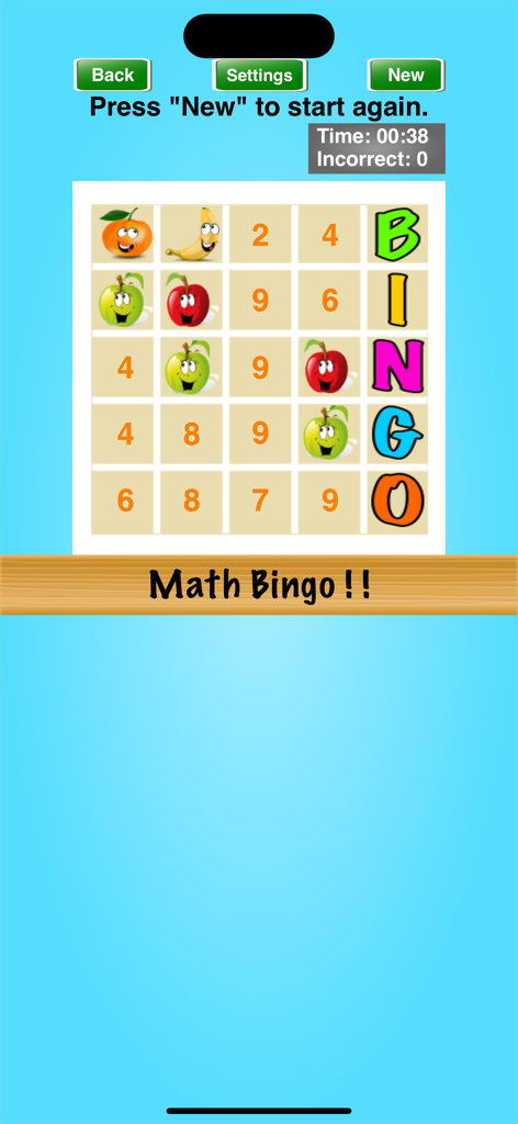 Math Bingo ! ! - Gameplay screen of Math Bingo showing a colorful number grid with animated fruit characters