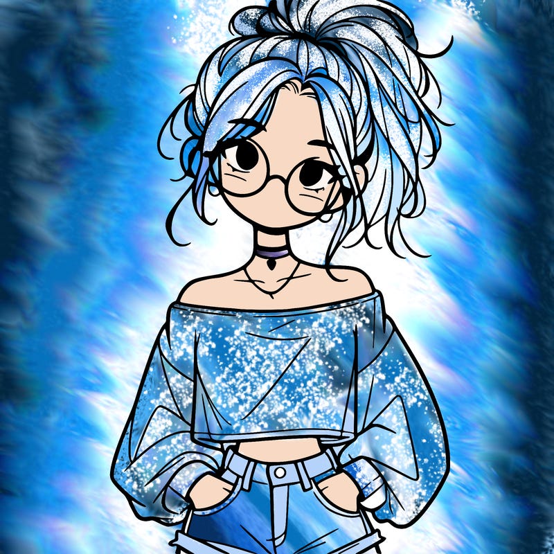 girl with a messy ponytail glasses a baggy crop top and jean shorts