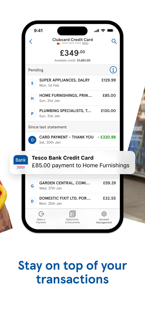 iPhone screen displaying Tesco Bank credit card balance and detailed transaction history