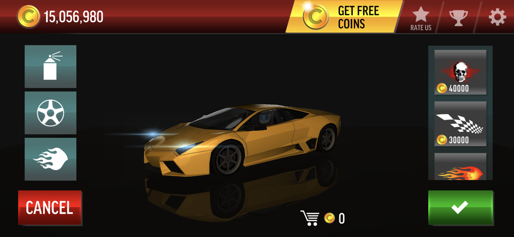 Menu de personalização de carro esportivo amarelo no Drift Max City mostrando decalques e opções de pintura