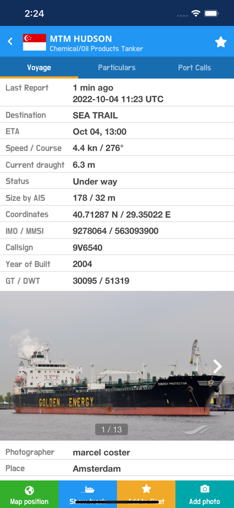 Detailed vessel information and voyage status for the MTM HUDSON tanker in the VesselFinder Lite app.