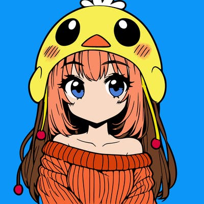 anime girl with chick shaped hat with sweater with bare shoulders with bangs covering them one eye with low tail