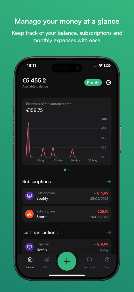CashFlow - Expense Tracker - CashFlow app dashboard displaying current balance monthly expense chart and recurring subscriptions on a smartphone