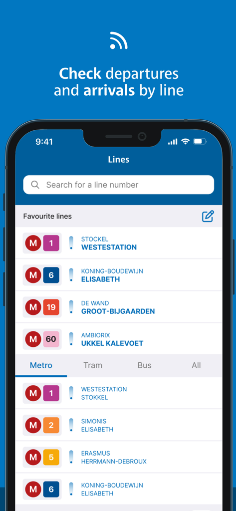 Interfaz de la aplicación STIB-MIVB que muestra salidas y llegadas en tiempo real para las líneas de metro y autobús de Bruselas