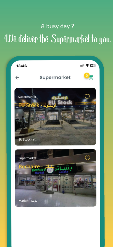 Jaavar Jak - Jaavar Jak mobile app showing supermarket delivery options with local market listings
