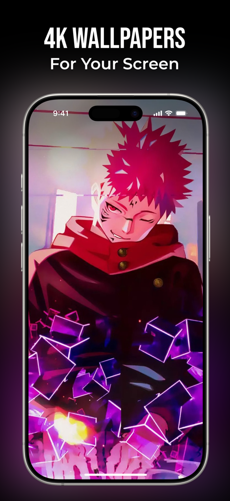 Live Wallpapers -4K Background - Pantalla de iPhone mostrando un fondo de pantalla animado de anime 4K de alta calidad con efectos geométricos púrpuras