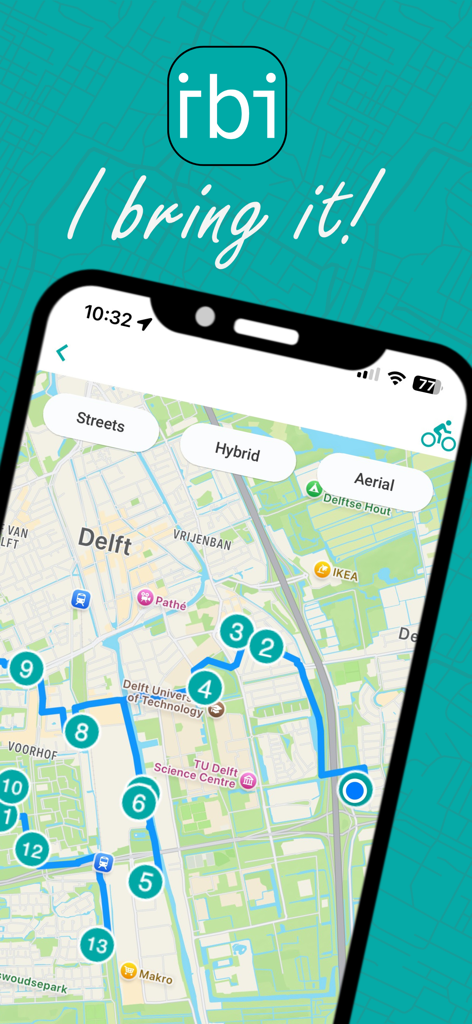 IBI - Optimal route planner - Smartphone screen showing the IBI app with a multi-stop delivery route optimized on a map