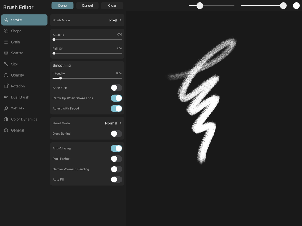 The brush editor interface in ToonSquid showing stroke settings and a textured brush preview.