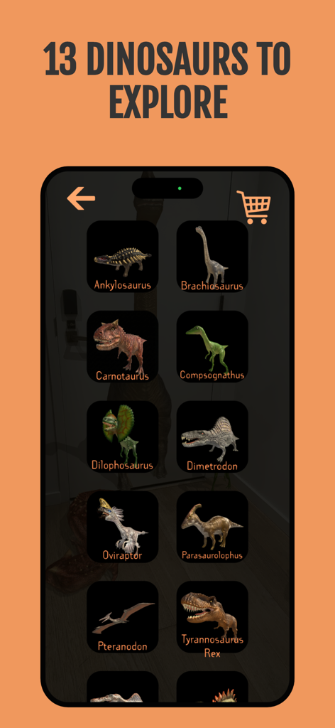 A menu showing a collection of 13 dinosaurs available in the dinosAR app including T-Rex and Brachiosaurus