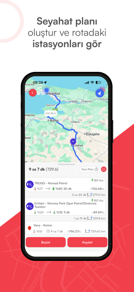 Interface of the Voltla app showing an electric vehicle travel route with charging station locations and details