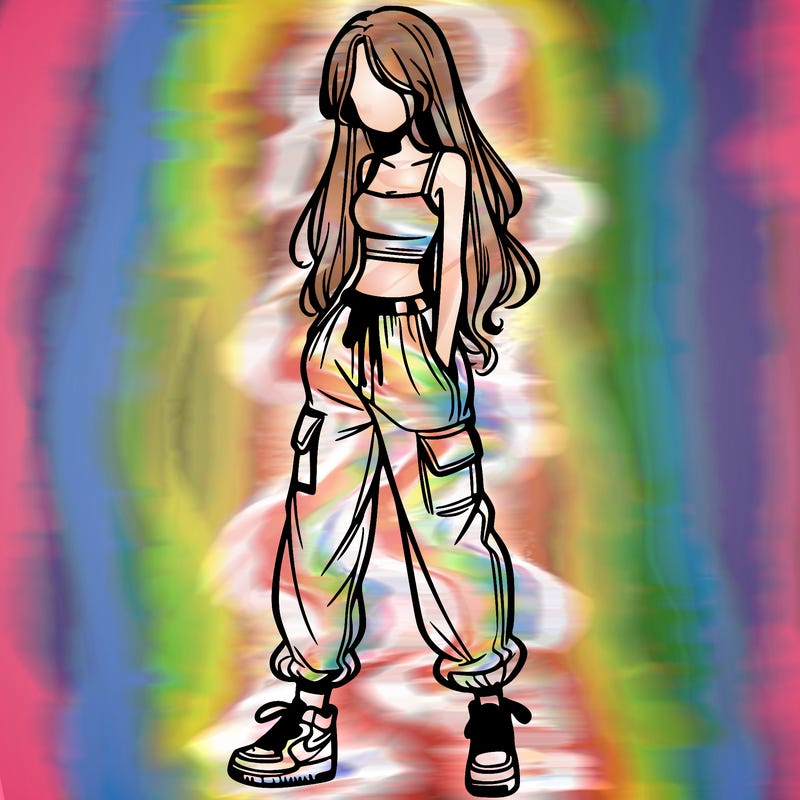 girl in baggy pants crop top and long hair