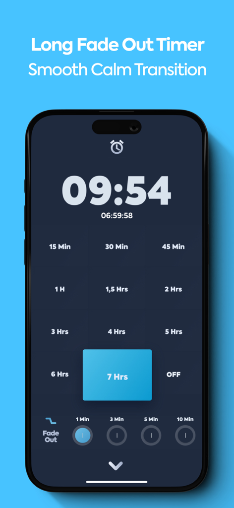 Interfaccia dell'app Guva white noise che mostra le opzioni del timer di spegnimento e le impostazioni della durata della dissolvenza