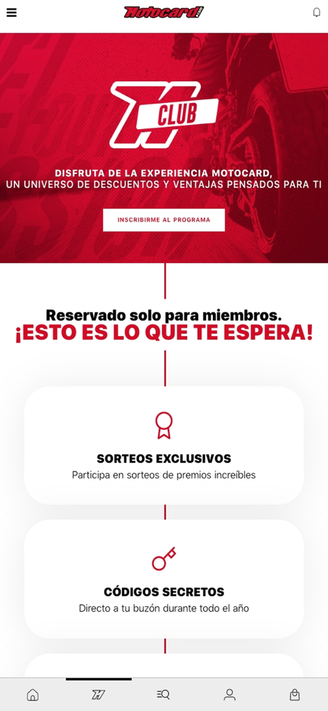 Motocard app interface showcasing the MyMotocard club loyalty program with exclusive rewards and secret codes