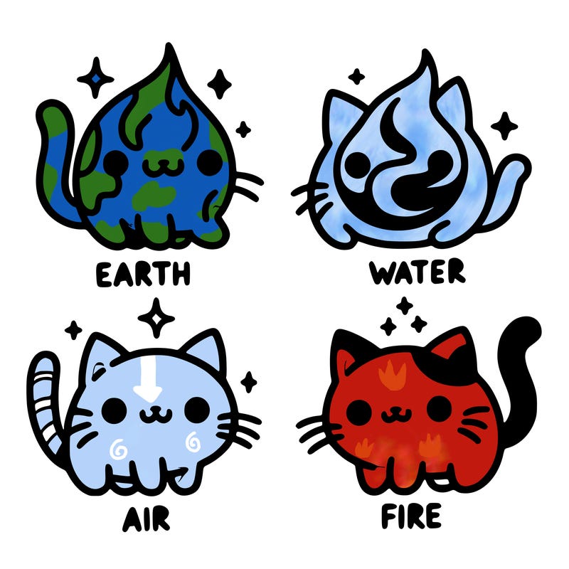 4 cats that represent the different elements, earth, water, air, and fire