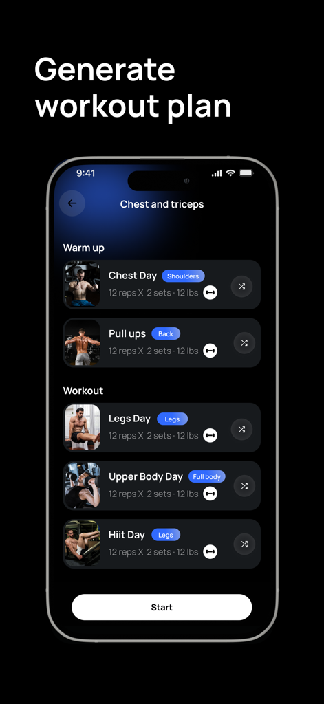 An interface of the Swole AI app displaying a generated workout plan including chest day, pull ups, and leg day with set and rep details.