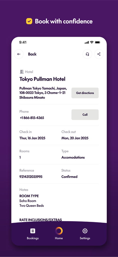 House of Travel - Hotel booking details page in House of Travel app showing Tokyo Pullman Hotel reservation