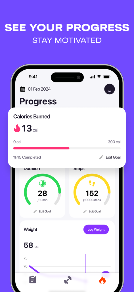FitEase app dashboard showing calorie tracking workout duration and daily steps progress