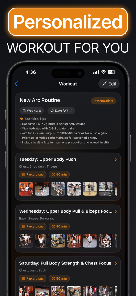 A mobile app screen showing a personalized weekly gym workout routine with nutrition tips and exercise categories