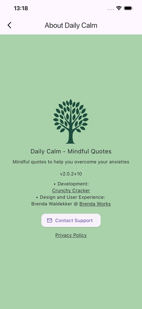 Daily Calm - Mindful Quotes - About page of the Daily Calm app displaying version information and contact support button