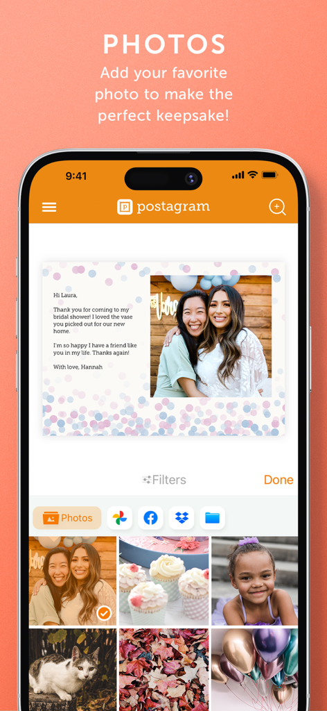 Interface of the Postagram app showing a postcard preview with a personalized message and a photo gallery for selection