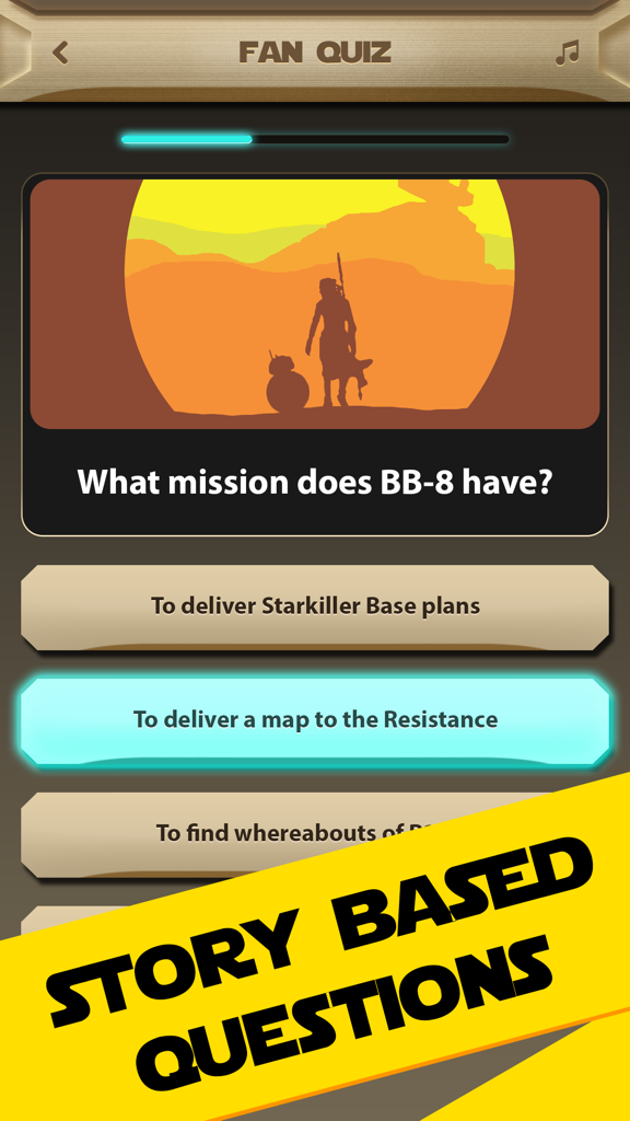 Trivia - Star Wars Edition: Galaxy Quiz Adventure - Star Wars trivia app interface showing a multiple choice story based question about BB-8