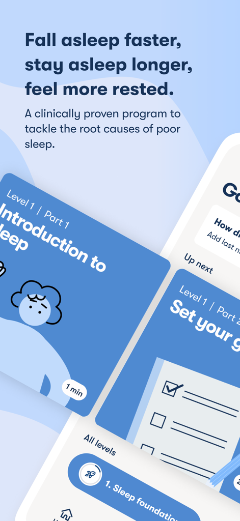 Sleepio 3.0 - Sleepio 3.0 app interface displaying a clinically proven program to improve sleep through structured cognitive and behavioral modules.
