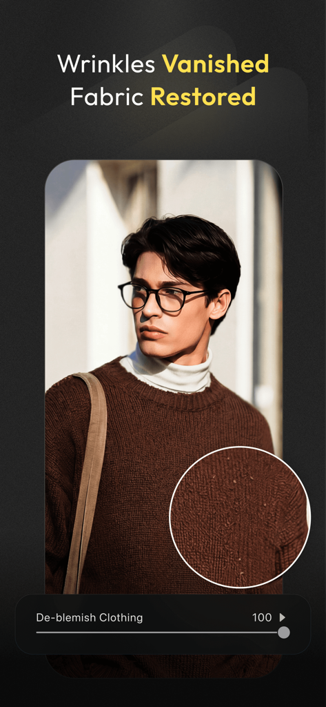 Evoto AI photo editor interface showing the de-blemish clothing feature for fabric restoration on a sweater