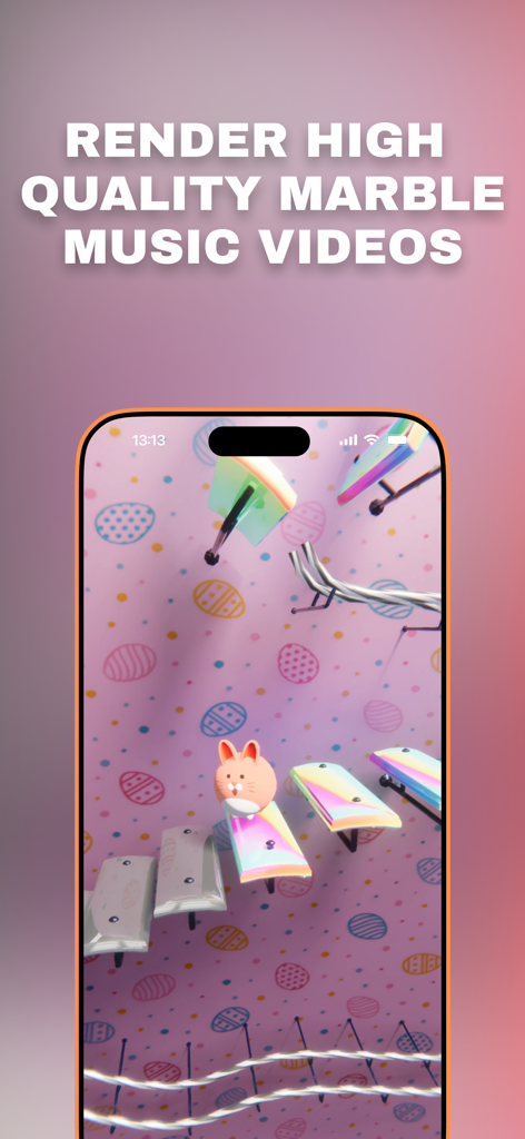 Marble Music – Music Ball Game - Marble Music app screenshot showing the high quality video rendering feature with a cute character bouncing on musical platforms