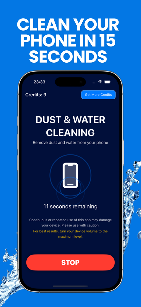Speaker Cleaner Water Remover - Pantalla de iPhone que muestra una aplicación de limpieza de altavoces con una cuenta regresiva de 15 segundos para eliminar agua y polvo