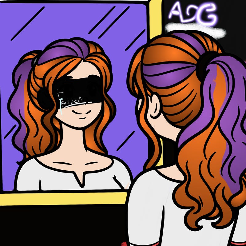 a woman looks at her reflection in the mirror