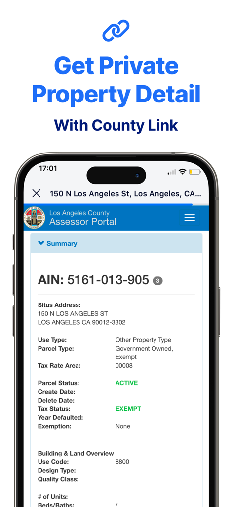 Smartphone screen showing official county assessor property information and AIN detail