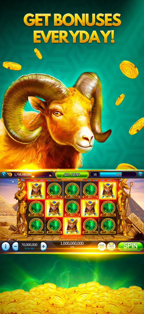 Max Win Casino Slots Game - Egyptian themed slot machine interface in Max Win Casino Slots showing daily bonus rewards and gold coins.