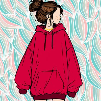 realistic girl with a oversized sweatshirt on and a bun