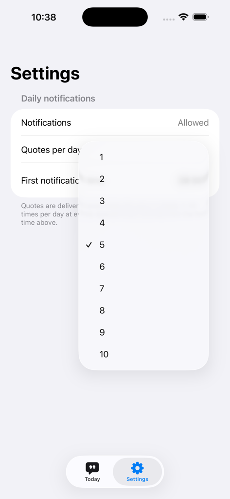 Settings screen for daily notification frequency in the Motivation Quote app.