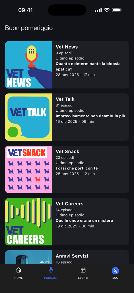 Biblioteca de podcasts en la aplicación Vet Home con noticias médicas veterinarias y series educativas