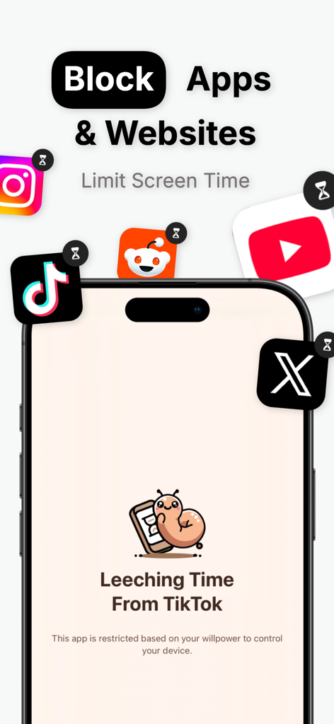 App Time Limit: Screen Leech - Screen Leech app interface showing social media apps like TikTok and Instagram being blocked by the mascot Leechy