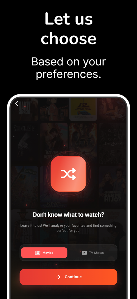 Cinefy - Where to Watch - Tela do aplicativo Cinefy mostrando um recurso que recomenda filmes e séries com base nas preferências do usuário